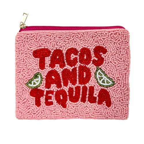 Pretty Robes Pearl Beaded Coin Purse Handmade with Colorful Designs Savings Bag Small Zipper Pouch for Cash Card & Makeup (Tacos & Tequila)