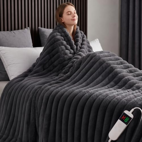 Image of Heated Blanket Electric Throw 50″x60 ″Inch - Thick Striped Flannel Electric Blanket,10 Heating Levels, 1-12 Hours Auto Off, Fast Heating Heating Blanket with Overheat Protection.