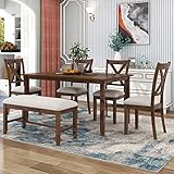 Harper & Bright Designs 6 Pieces Dining Table Set, Wooden Rectangle Table and 4 Chairs with Bench with Cushion, Kitchen Table Chairs Set for 6 Persons, Dining Room Set - Natural Cherry