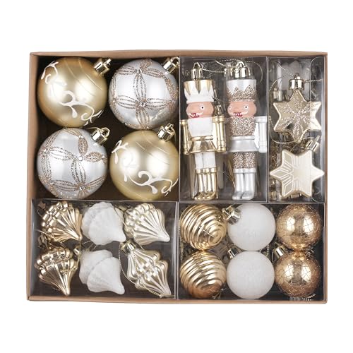 Valery Madelyn Weihnachtskugeln 50 teiliges Set Christbaumkugeln Bruchsichere Kunststoff Weihnachtskugel Weihnachtsdeko mit Aufhänger Geschenkpaket elegante Weißgold Weihnachtsbaumschmuck