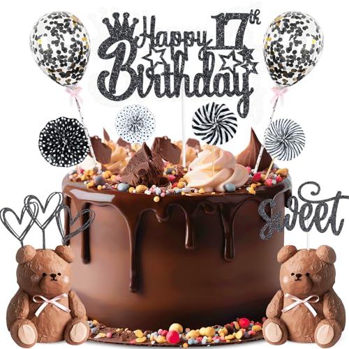ZWWsullo Glitter Cake Topper Happy 17th Birthday Decoration 17 Boy Girl Birthday Cake Decoration 17 Happy Birthday Girls Boys Black Cake Decoration Birthday CakeTopper