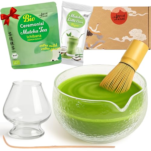 Goodwei Ensemble complet de matcha avec bol à matcha de haute qualité en céramique avec verseur, balai à matcha et support pour balai | Ensemble cadeau pour cérémonie du thé avec matcha BIO & Latte