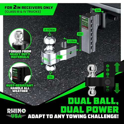 Image of Rhino USA Adjustable Trailer Hitch (Fits 2-Inch Receiver) - Heavy Duty Aluminum Tow Hitches with 6-Inch Drop /Rise for Truck (12,500 LBS GTW) - Weatherproof Double Anti-Theft Locking Hitch Pin (Silver)