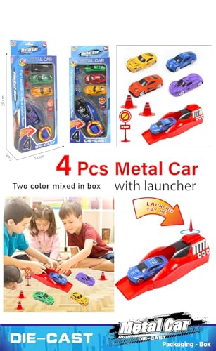 Image of Sky Tech Rapid Launcher High Speed Car Set | 4-Piece Die-Cast Metal Car Set for Kids | with High-Speed Launcher | Includes 3 Road Blockers & 1 Stopper | Perfect for Kids 3+