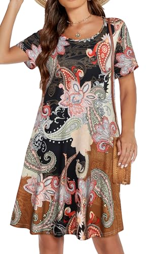Image of Womens Summer Dresses Beach Casual Loose Tshirt Floral Short Sleeve Flowy Pockets Sundresses 2026