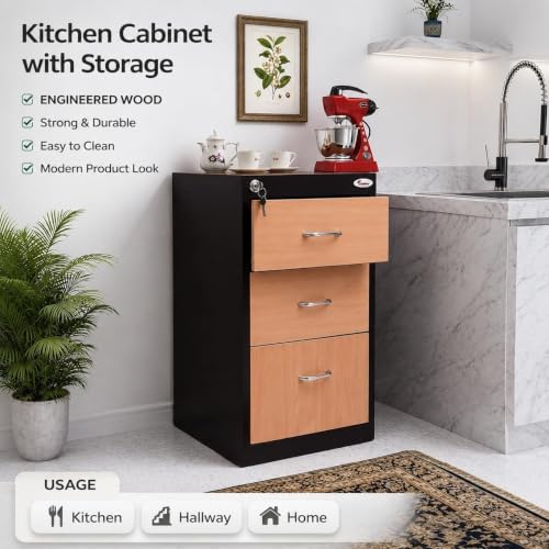 Image of Amazon Brand - Solimo 3 Drawer Steel Pedestal Cabinet | Lockable Powder Coated Filing Cabinet for Files, Documents & Stationery | Office Storage Unit (Brown, Pedestal with Levellers)
