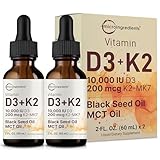 Micro Ingredients 2 Pack Vitamin D3 10000 iu + K2 (MK-7) 200 mcg Drops, 4 fl oz | Plus Black Seed & MCT Oil | 4-in-1 Bone, Immune, & Heart Health Support | Easy Absorption