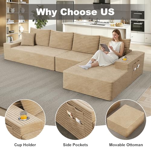 Image of 138 inch Cloud Sectional Couch with L Shape Chaise, Frameless Corduroy Sofa, Higher 17.7 inch Seat Height, 32D Pure Foam, Built in Cup Holders, No Assembly Required (Camel, Right Facing Chaise)