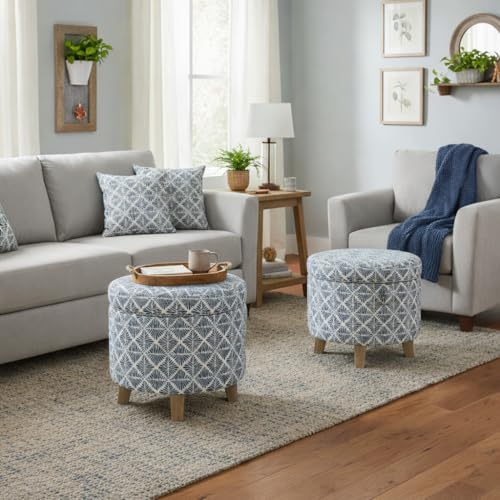 Image of Homepop Home Decor | Upholstered Round Storage Ottoman | Ottoman with Storage for Living Room & Bedroom with Flared Legs, Navy Blue Geometric Pattern Large