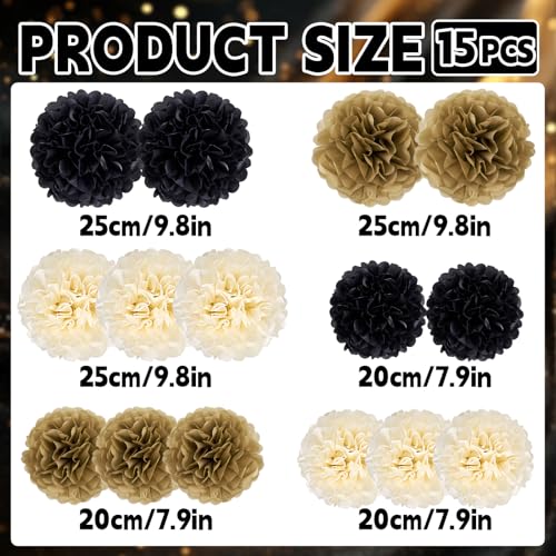 Image of EASY JOY 15 Pcs Black Gold Cream Tissue Paper Pom Poms Black and Gold Party Decorations Hanging Paper Flowers Decor for Prom 2026 Graduation Birthday Wedding New Year Home Wall Ceiling Decor