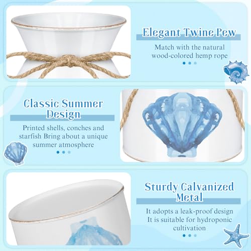 Domensi 3 Pcs 5.12" Beach Coastal Vase Table Decor Metal Seashell Starfish Conch Flower Bucket Farmhouse Ocean Centerpieces for Table Rustic Nautical Milk Can Jug with Twine Bow for Wedding Home Decor by Domensi - Used condition - Image 5