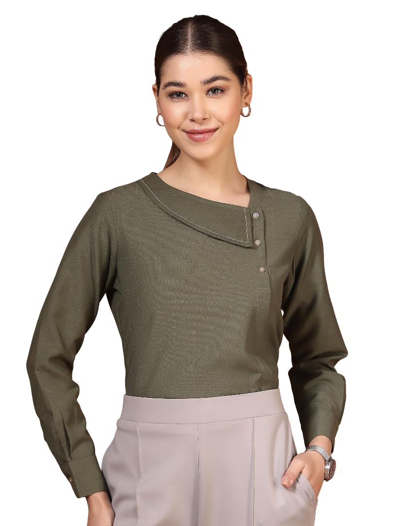 Women’s Solid Asymmetric Neck Formal Top with Button Detail-image-0