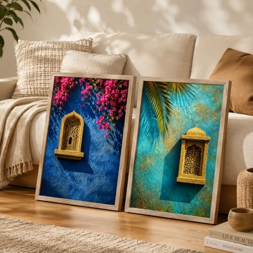 Image of Livin'luxe Set of 2 Blue Moroccan Window Wall Paintings for Living Room Bedroom Hallway Decor with Premium Wooden Color Synthetic Frame (25.5 x 19.5 Inch) NM02-103