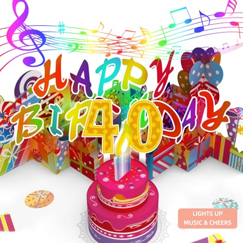Image of 40th Pop-Up Musical Birthday Card, Blowable LED Candle for Women and Men