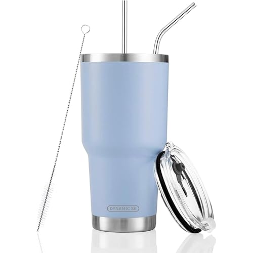 D·S 30oz Blue Tumbler Stainless Steel Double Wall Vacuum Insulated Mug with Straw and Lid, Cleaning Brush for Cold and Hot Beverages
