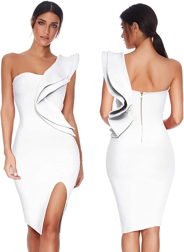 Image of One Shoulder Ruffle Dress Side Split Bodycon Bandage Dress Wedding Guest Dress