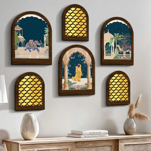 Image of Jharokha MDF Mirror for Home Decor | MDF Traditional Mirrors for Home Decoration | Wall Mirror Decor Hanging for Living Room Bedroom Office Set of 6 (9x12 inch & 7.5x9.5 inch)