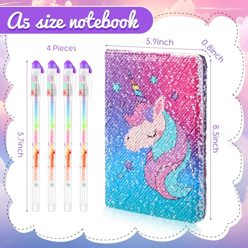 Image of Outus 4 Pcs Sequin Girls Journal Valentines Journal Gift with Color Gel Ink Pens Glitter Notebook Flip Writing Diary for Kids Girl Writing Drawing Travel Gifts(Gradient Pink,Unicorn)