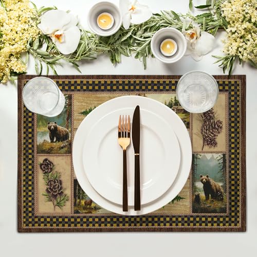 Rustic-Lodge-Bear-Deer-Placemats-4-Pcs-Vintage-Cabin-Pine-Cone-Plaid-Place-Mats-Heat-Resistant-Non-Slip-Cotton-Linen-Dining-Table-Mats-Home-Kitchen-Decor-18-x-12-Inch Rustic Lodge Bear Deer Placemats 4 Pcs Vintage Cabin Pine Cone Plaid Place Mats Heat Resistant Non Slip Cotton Linen Dining Table Mats Home Kitchen Decor 18 x 12 Inch