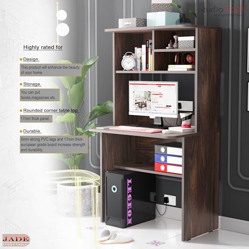 Image of Studio Kook Jade Study Computer Table with Shelves, Junglewood | Engineered wood, 81.9x45x152 cm, 77.9x58.3 cm desk top at 76 cm, hutch shelves, cable outlet. Chair not included