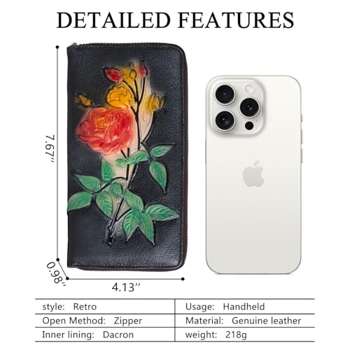 Image of Wallet Genuine Leather for Women - with RFID Blocking Card checkbook ID Slot Large Capacity Vintage style (gardenia black)