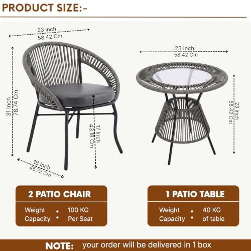 Image of DEVOKO Bliss 3 Piece Outdoor Patio Rope Conversation Set with Glass Top Table (Grey /Dark Grey), Powder-Coated Metal Frame & Water-Resistant Cushions for Balcony, Garden, Terrace
