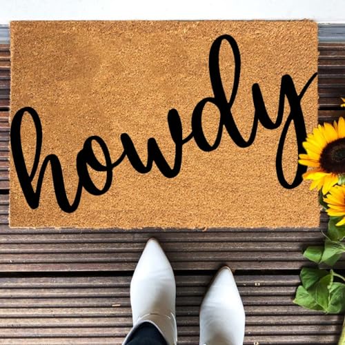 Image of Funny Coir Doormat - Texan Welcome Howdy Hello Front Porch Decor - Personalized Rug, PVC Backing, Non Slip Outdoor Coconut Coir - 23.6 x 15.7 inch House Warming Gift
