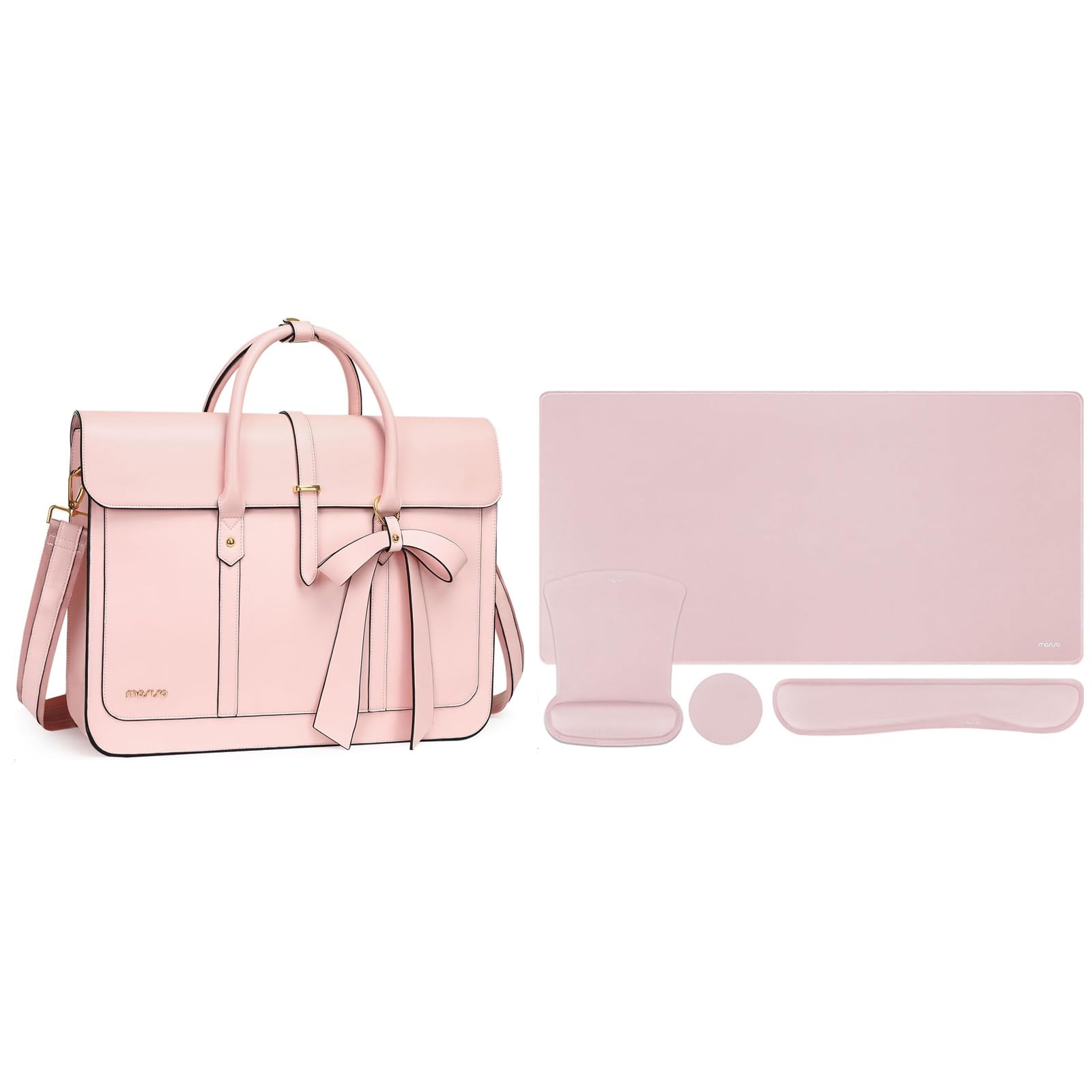 MOSISO Large Gaming Mouse Pad&Keyboard Wrist Rest&Mouse Wrist Rest&Coaster&Laptop Bag for Women,13-14 inch PU Leather Laptop Shoulder Bag Convertible Backpack,13.3 inch Messenger Bag with Bowknot,Pink