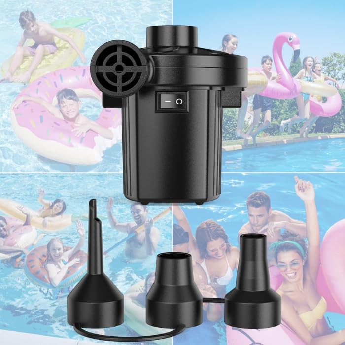 Inflador Eléctrico Portátil 200W con Función de Desinflado – 3 Boquillas Incluidas – Ideal para Colchones, Piscinas, Barcas y Más – Compacto y Potente