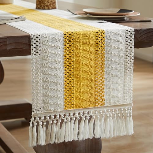 Image of ZeeMart Macrame Style Bicolor Stitching Table Runner, 14 x 60 Inch Mustard /Ivory, Boho Yellow Table Runners 60 Inches Long, Farmhouse Woven Home Decor