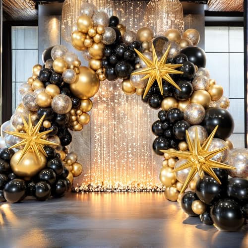 Image of PartyWoo Black and Gold Balloon Arch Kit Garland 140pcs Different Sizes of 18 12 10 5 Inch Black Metallic Gold Confetti 22 Inch Star Balloons for Graduation Birthday New Year's Eve Party Decorations