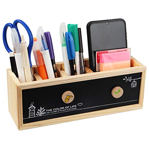 Desk Pen Holder for Desktop, Wooden Pencil Organizer with Double Boards