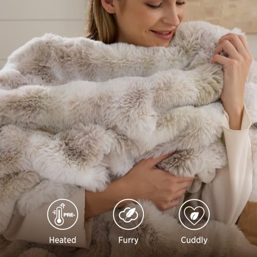 Image of Bedsure Fluffy Bubble Faux Fur Heated Blanket Electric Throw, Tie-dye Beige