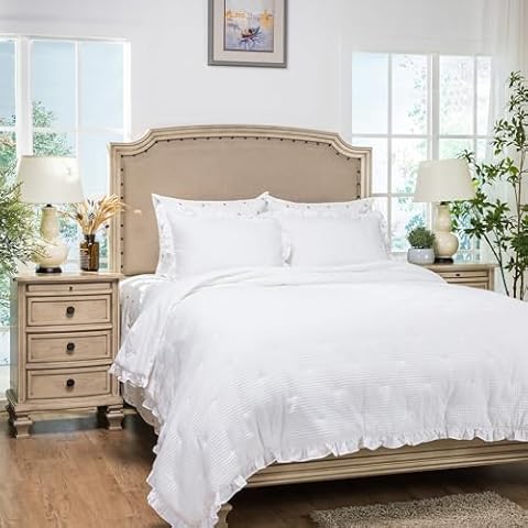ELEGANT LIFE HOME Waffle Collection Cotton White Waffle Ruffle Dot Embroidery Bedding Quilt, Queen Size 90’’ x 95’’, White Cover