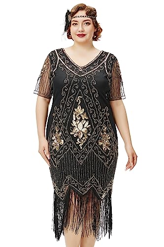 BABEYOND Great Gatsby Kleider für Damen, Übergröße, Cocktailkleid, 1920er-Jahre, Flapper-Kostüm für Damen, Schwarz und Gold, 5XL Große Größen