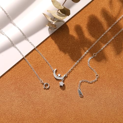 Moon and Star Necklaces for Women Dainty 925 Sterling Silver Moon Pendant Chain 14K Gold Plated Cute Star CZ Charm Necklace Jewish Birthday Wedding Christmas Halloween Gifts Jewelry for Her3