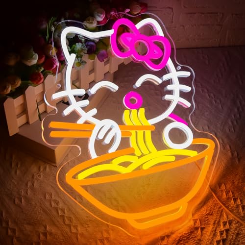 Image of Ramen Cat Neon Sign for Wall Decor Cute Dimmable Neon Light for Bedroom Living Room Kitchen Bar Man Cave Cartoon LED Light Cat Noodle Decor Gift for Cat Lovers Anime Fans Home Party Lighting Size 11.2*13.7(CP011)