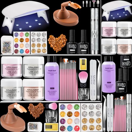 Kit de poudre acrylique pour ongles – Ensemble d'ongles comprenant une lime à ongles électrique – Main d'entraînement avec 100 faux ongles – 4...