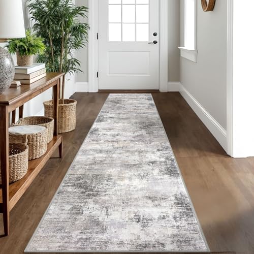 IOHOUZE Abstract Runner Rug 2x10 Ft Washable Runners for Hallways, Non Slip Kitchen Runner Printed Faux Wool Entryway Runner Indoor, Modern Abstract Floor Carpet for Hall Kitchen, Grey Beige