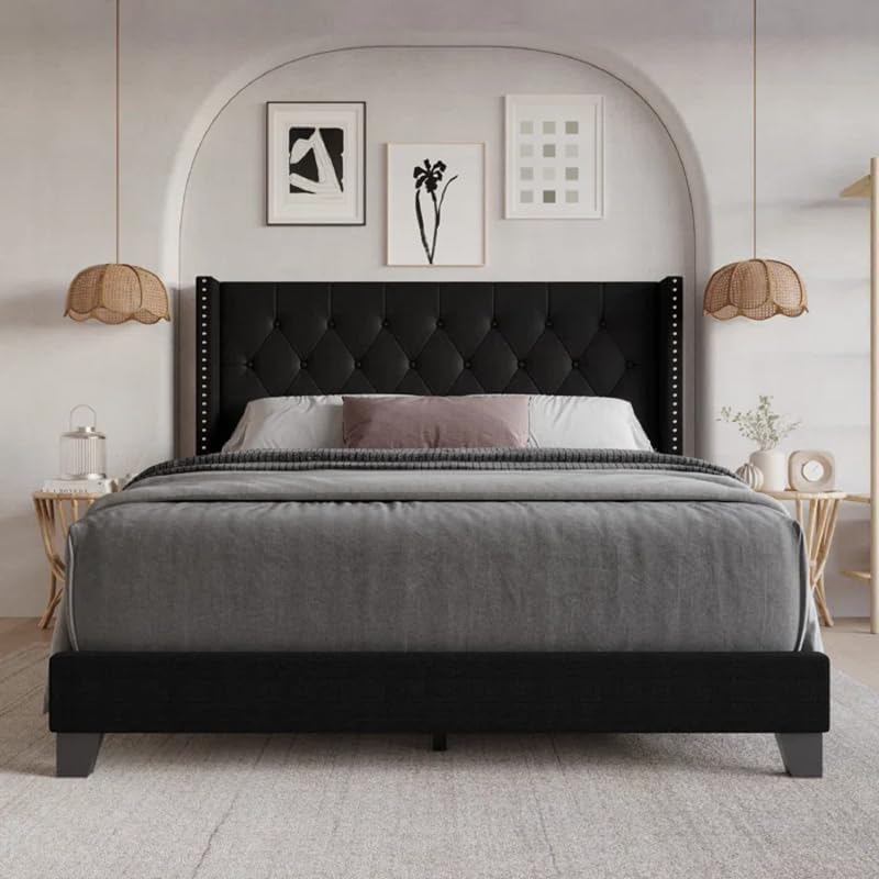 Image of HITHOS Solid Wood Modern Upholstered Queen Size Bed with Tufted Headboard and Without Storage | Wooden Double Bed Cot Furniture for Home Hotel Bedroom Living Room (Black)