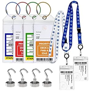 Cruise Luggage Tags Essentials 4 Sets with Zip Seal and Steel Loops + 2 Cruise Lanyard Detachable ID Holder Badge + 4 Cruise Cabin Magnetic Hooks (27lbs-Heavy Duty) Compatible All Cruise Lines Ships
