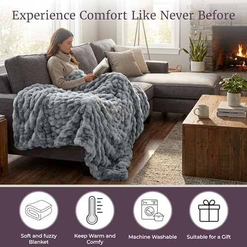 Image of Lavish Home Oversized Ruched Faux Fur Blanket - 60x80-Inch Plush Polyester Faux Fur Queen-Size Throw for Sofas and Beds - Luxurious Bedding (Silver)