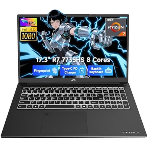 NIMO 17.3" Gaming-Laptop, AMD Ryzen 7 7735HS (8C/16T, Beats i7-12650H) 32GB DDR5 RAM 1TB SSD Computer with Radeon 680M, 100W Type-C Charger, Wi-Fi 6E, 58Wh Battery, Fingerprint, Backlit Keyboard