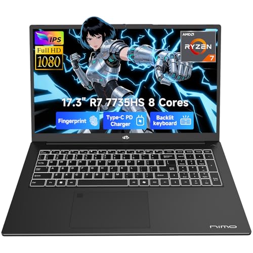NIMO 17.3" Gaming-Laptop, AMD Ryzen 7 7735HS (8C/16T, Beats i7-12650H) 64GB DDR5 RAM 1TB SSD Computer with Radeon 680M, 100W Type-C Charger, Wi-Fi 6E, 58Wh Battery, Fingerprint, Backlit Keyboard