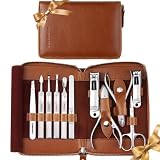 FAMILIFE Manicure Set, 11 in 1 Professional Manicure Kit Nail Clippers Set, Stainless Steel Pedicure Tools Toe Nail Kit, Men Grooming Tool with Portable Brown Leather Travel Case Gifts for Men Women