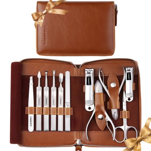 FAMILIFE Manicure Set, 11 in 1 Professional Manicure Kit Nail Clippers Set Gifts for Fathers Husband Boyfriend,Stainless Steel Pedicure Tools Nail Kit Men Grooming Tool with Brown Leather Travel Case