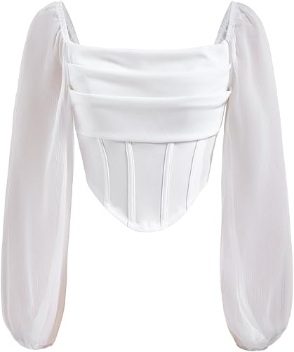 winkbay Women's Mesh Crop Ruched Lantern Sleeve Scoop Neck B