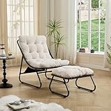 Hmluxury Outdoor Loungesessel Mit Ottomane, Bequemer Sling Relaxsessel Mit Üppiger Polsterung Und Fußhocker, Ideal Für Wohnzimmer, Schlafzimmer, Lesezimmer, Schwarzes Gestell Mit Weißer Polsterung