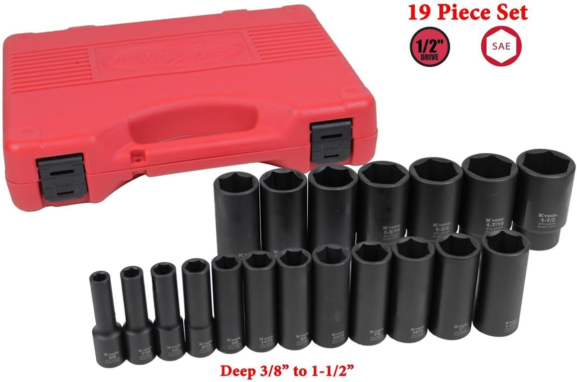K Tool International 33202 1/2" Drive SAE Impact Socket Wrench Set for Garages, Repair Shops, and DIY, Deep Wall, 6-Point, Heat-treated, Chrome-moly Steel, Laser Engraved, 1/2" to 1-7/16", 19 Piece