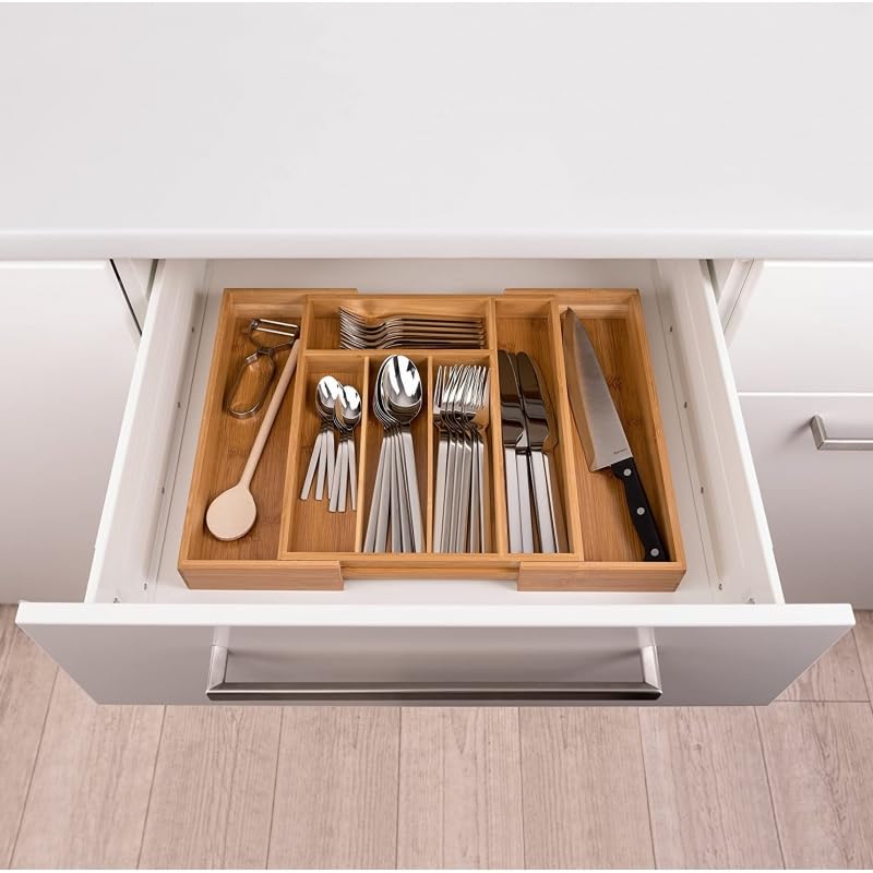DAMDAM GO Organizzatore Per Posate In Bambù 6 Scomparti - Vassoio Estensibile Per Cassetto Cucina